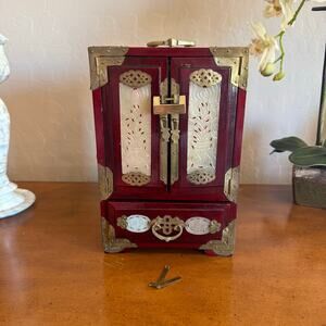 Vintage Asian Red Lacquer Jewelry Box Brass & Mother of Pearl Inlay